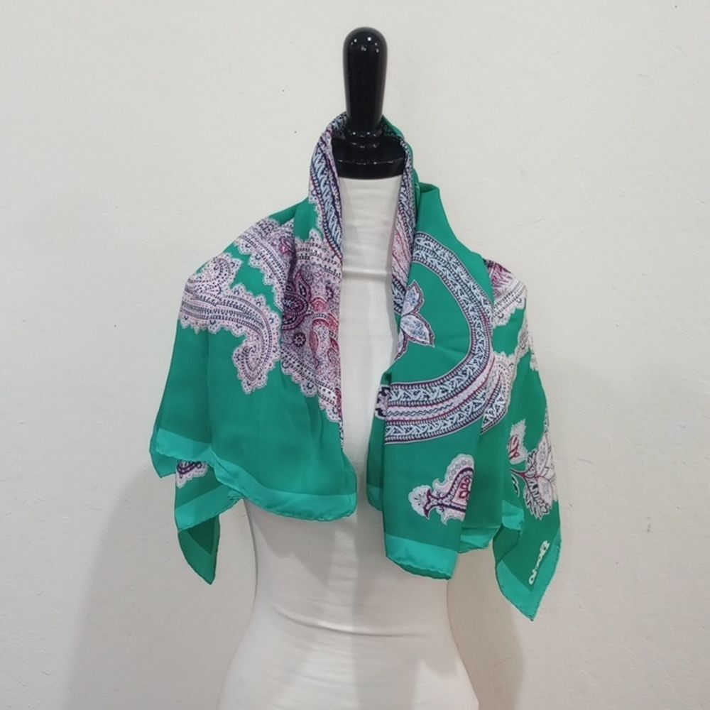 Fiorio Italy Rolled Edge Silk Scarf Green and Purple Paisley Print, Vintage!